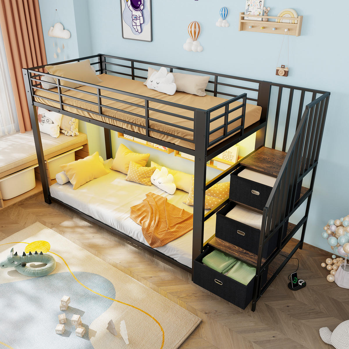 ETAGENBETT 90/200 cm mit Treppe, LED und Steckdose, DE-41957, in Schwarz - Schwarz, Metall (90/200cm) - ComfortXL