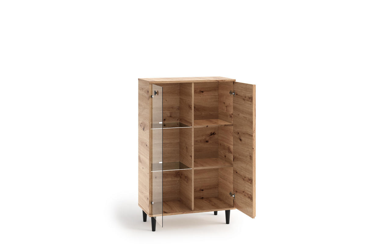 VITRINE Laura I 80 cm 2-türig mit Lamellen und Holzbeine, eiche artisan, schwarz - Schwarz/Eiche Artisan, Holz/Kunststoff (80/135/40cm) - Margaret Hadas24