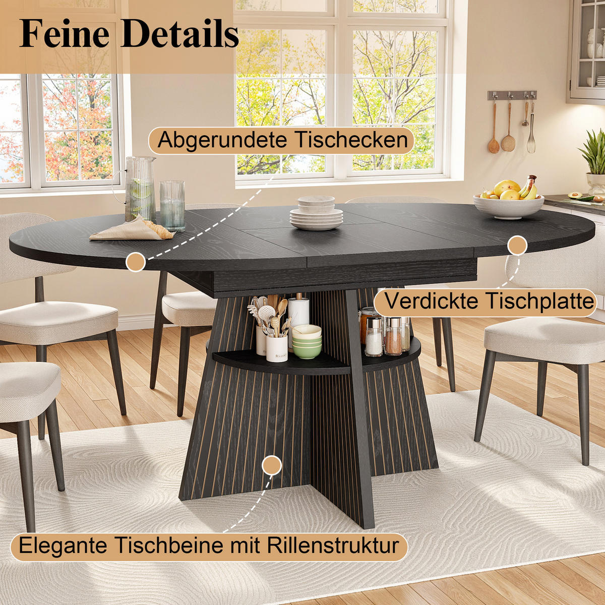 ESSTISCH Ausziehbar Ablagefach MDF Schwarz - Schwarz, Holzwerkstoff (110/110/76cm) - FLIEKS