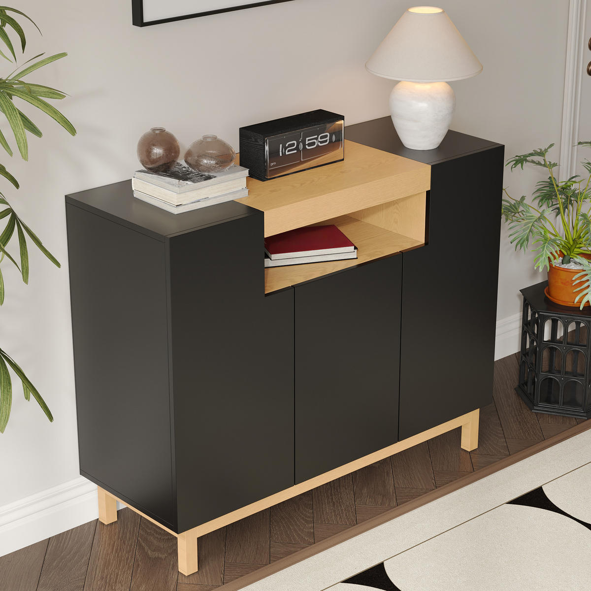 SIDEBOARD 3 Türen Wohnzimmer Esszimmer - Schwarz, Holzwerkstoff (120.5/96/42cm) - LEBENLANG