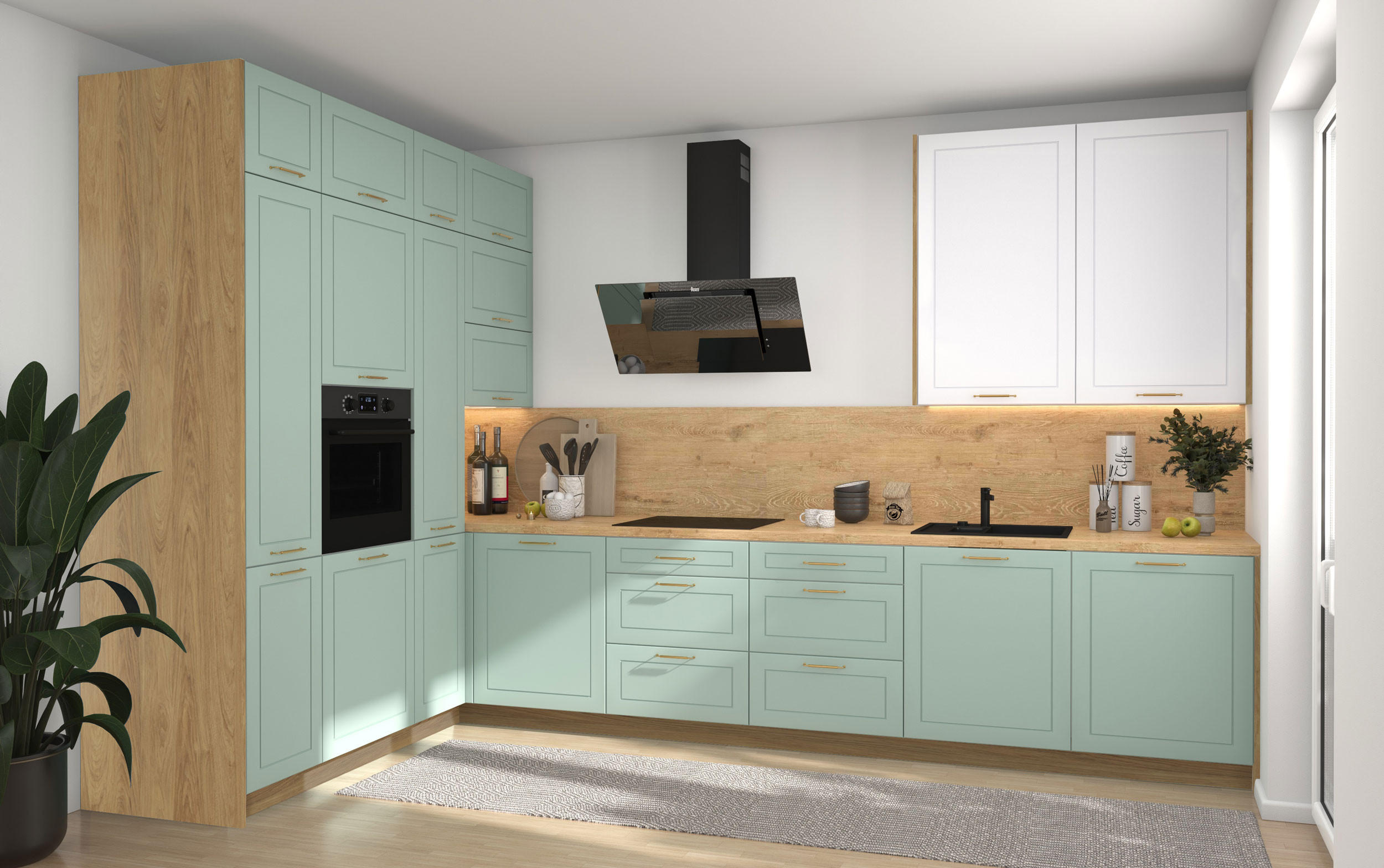 L-FORM KÜCHENZEILE Bari (16-tlg) Eiche Artisan / Blassgrün - Signalweiß - Grün, Holzwerkstoff/Metall (347/243/202cm) - Feldmann-Wohnen