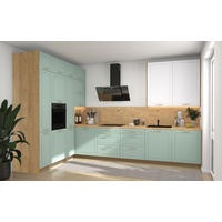 L-FORM KÜCHENZEILE Bari (16-tlg) Eiche Artisan / Blassgrün - Signalweiß - Grün, Holzwerkstoff/Metall (347/243/202cm) - Feldmann-Wohnen