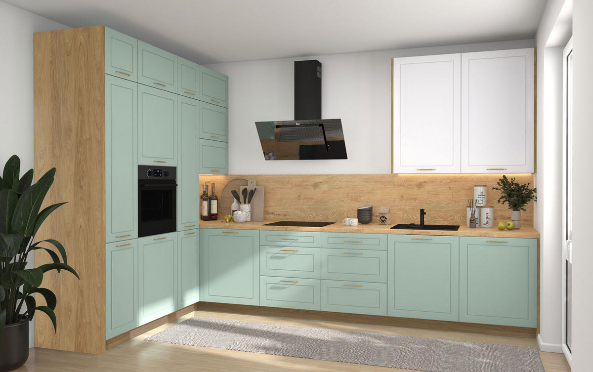 L-FORM KÜCHENZEILE Bari (16-tlg) Eiche Artisan / Blassgrün - Signalweiß - Grün, Holzwerkstoff/Metall (347/243/202cm) - Feldmann-Wohnen