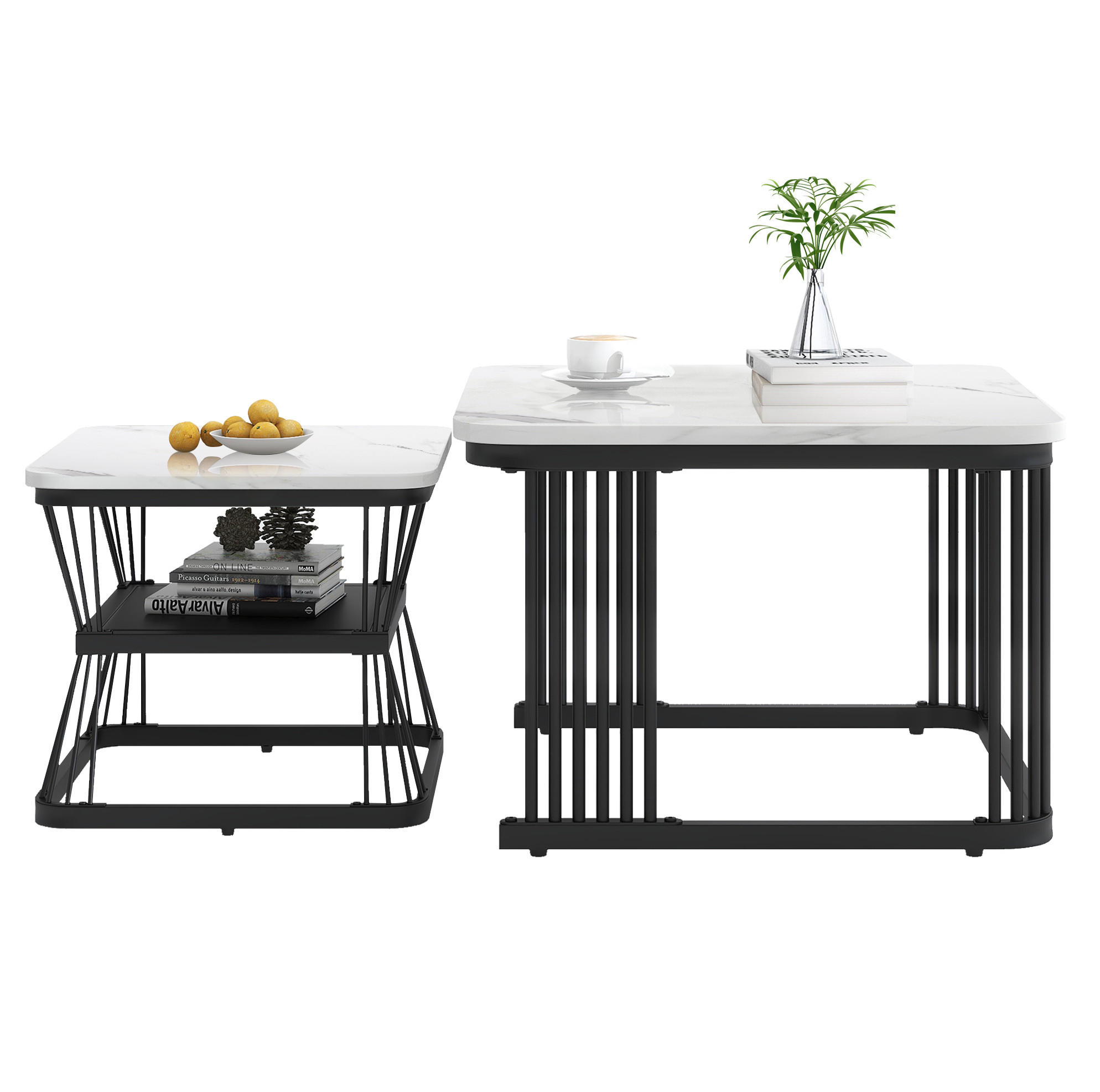 COUCHTISCH 2er-Set 65/65 cm und 45/45 cm in Marmoroptik mit Stahlgestell - Weiß, Holzwerkstoff (65/65/45cm) - BEAOK