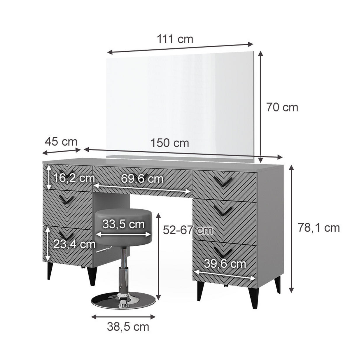 SCHMINKTISCH Anett Grau 150 cm mit Hocker - Grau, Holzwerkstoff (150/78.1/45cm) - Vicco