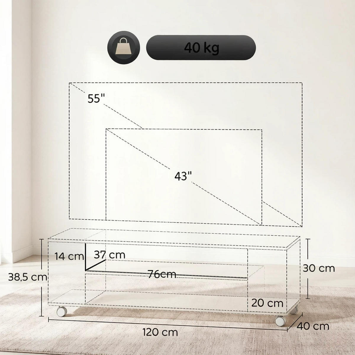 TV-SCHRANK 120/40/38,5 cm Weiß/Natur mit Rollen, Hängend/Stehend - Weiß, Holzwerkstoff (120/38.5/40cm) - Oxeza