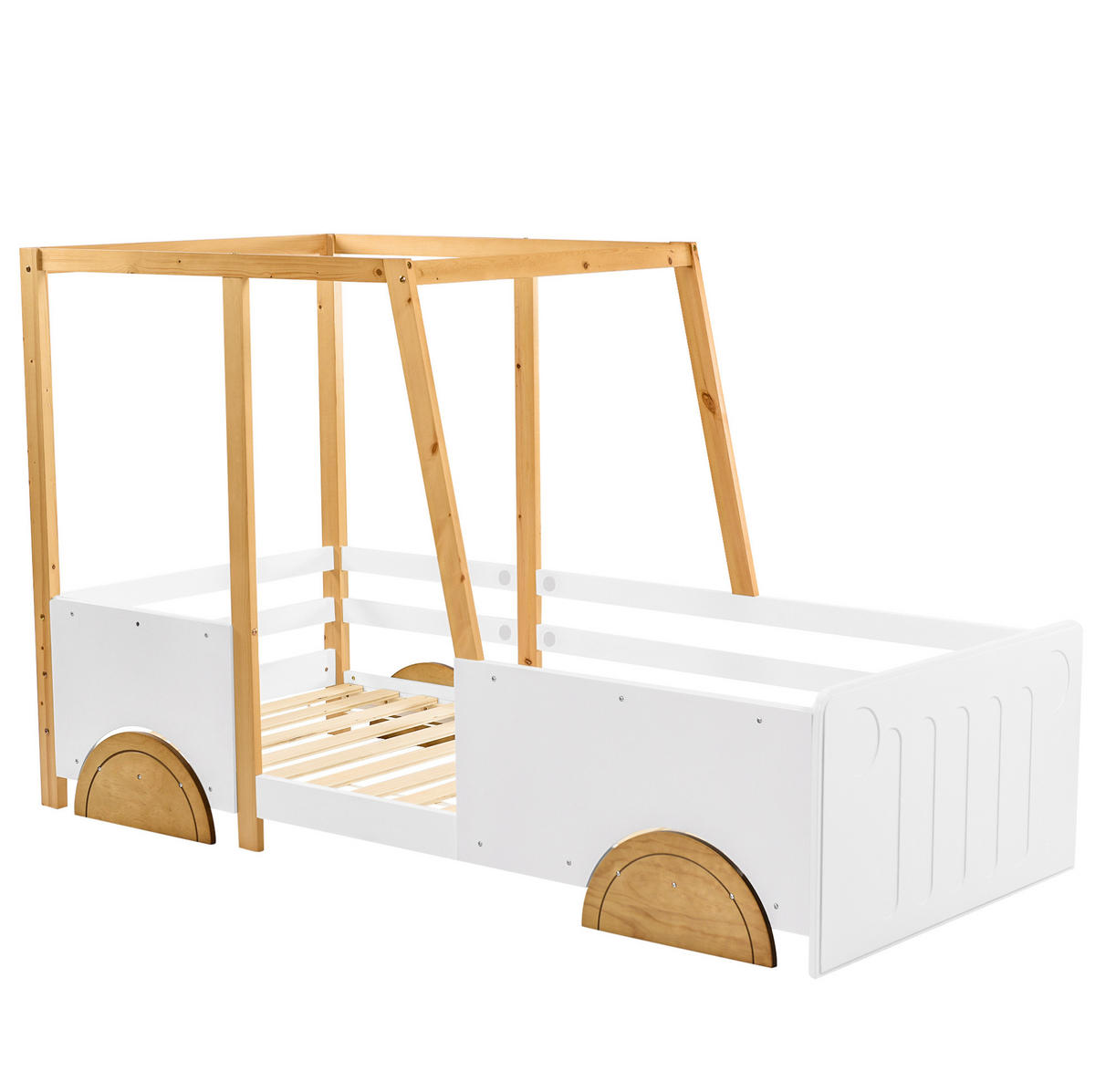 AUTOBETT 90/200 cm Weiß/Natur aus Kiefer und MDF in Auto-Form - Weiß, Holz (90/200cm) - OKMYHOME