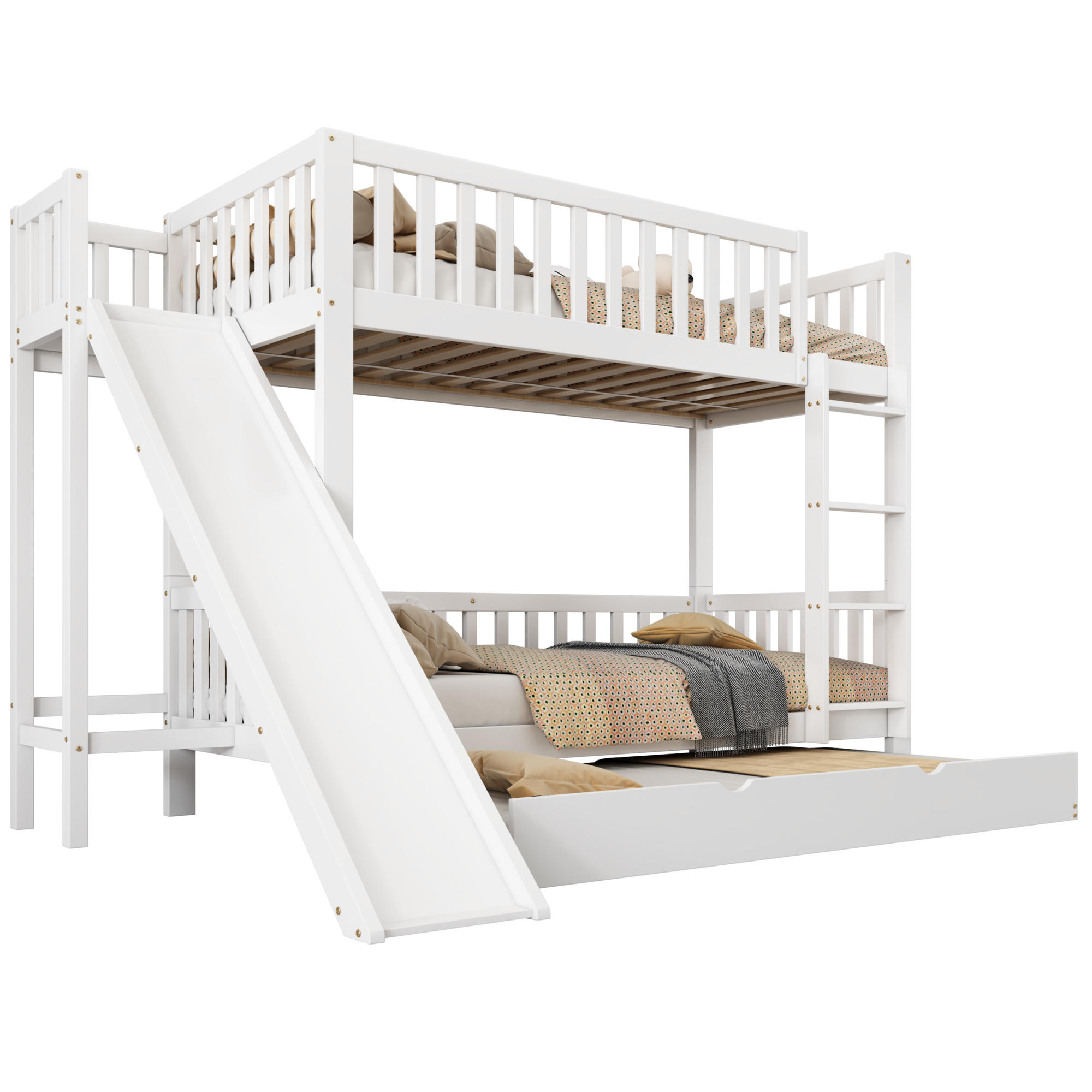 ETAGENBETT 90/200 und 90/190 cm Weiß mit Rutsche und Rollbett aus Kiefer und MDF - Weiß, Holzwerkstoff (90/200cm) - OKWISH