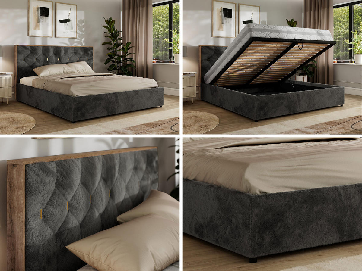 POLSTERBETT LARINO CLASSIC 180/200 - Dunkelgrau Plüsch - Schaum-Matratze - Dunkelgrau, Textil (180/200cm) - MKS