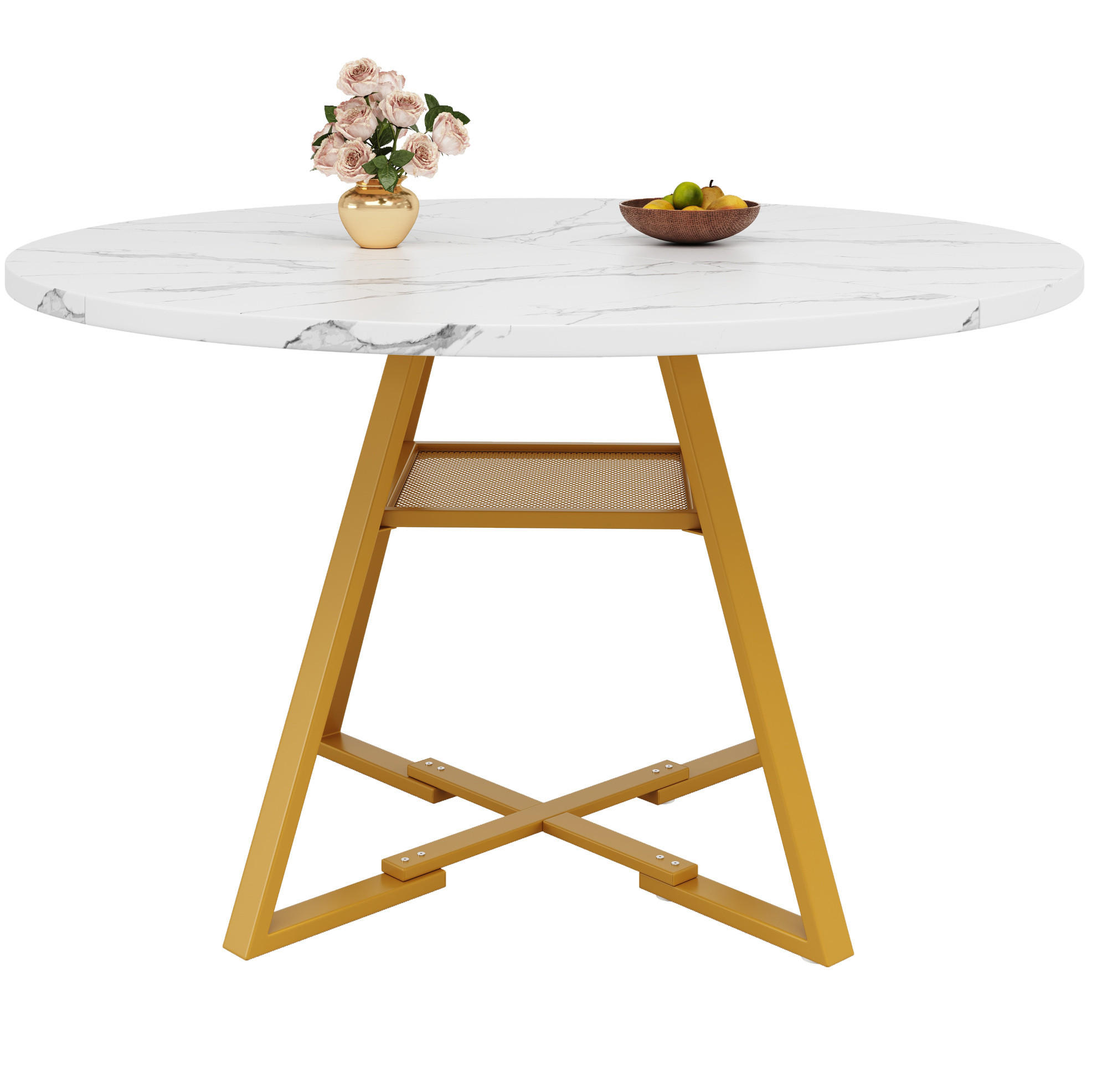 ESSTISCH rund 120/120/75 cm Weiß in Marmoroptik mit Metallgestell und Ablage - Weiß, Holzwerkstoff (120/120/75cm) - OKWISH