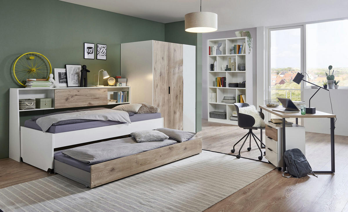 JUGENDZIMMER Norderney in Weiß mit Viking Oak 7 teilig Kinderzimmer Komplett Set mit begehbarem Kleiderschrank - Weiß, Holzwerkstoff (80/200/120cm)