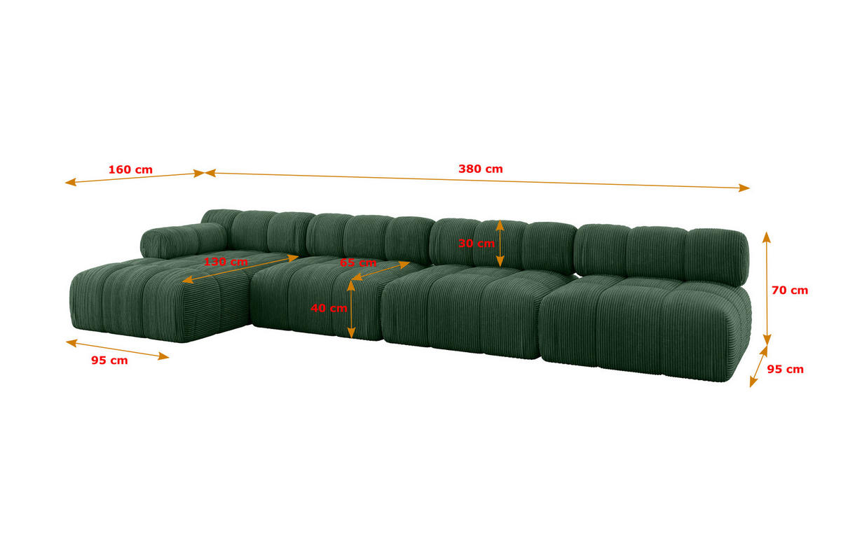 ECKSOFA modulares Sofa Razon-L3 - 380x160x70 cm Grün Cord - Grün, Holzwerkstoff/Textil (380/160cm) - ALTDECOR