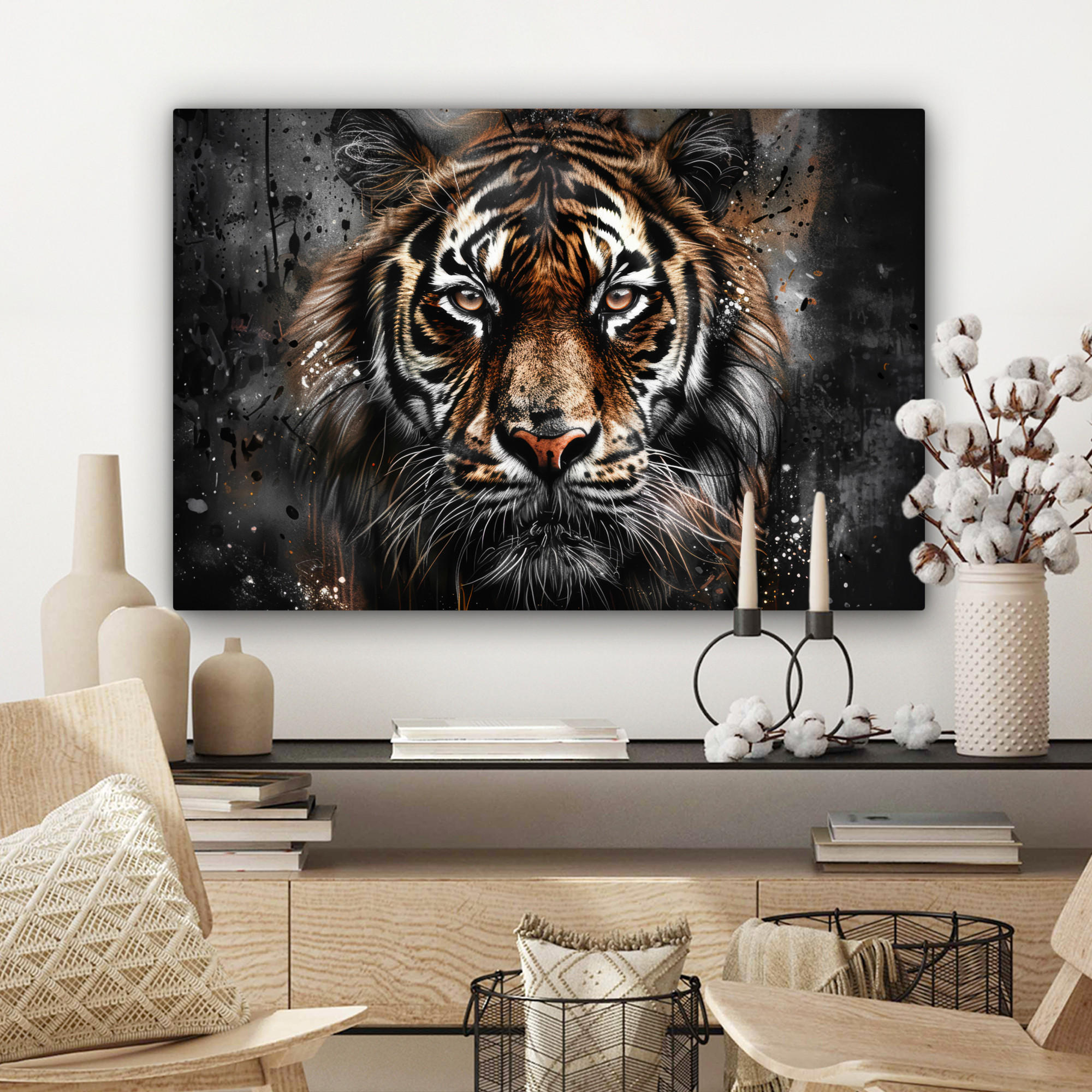 LEINWANDBILD Tiger - Tiere - Porträt - Luxus - Schwarz Wanddeko 90x60 cm - Anthrazit, Textil (90/60cm) - MuchoWow