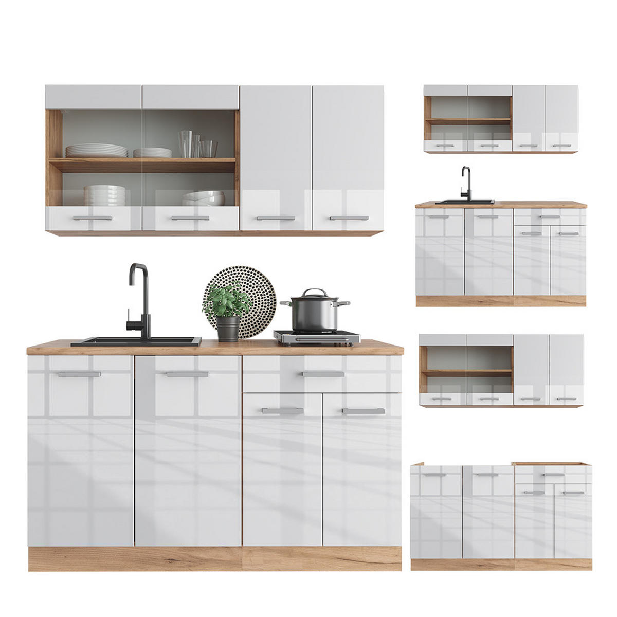 SINGLEKÜCHE R-Line Weiß Hochglanz/Goldkraft Eiche 140 cm, AP Marmor - Weiß Hochglanz/Eiche Wotan, Holzwerkstoff (140/81.6/60cm) - Vicco