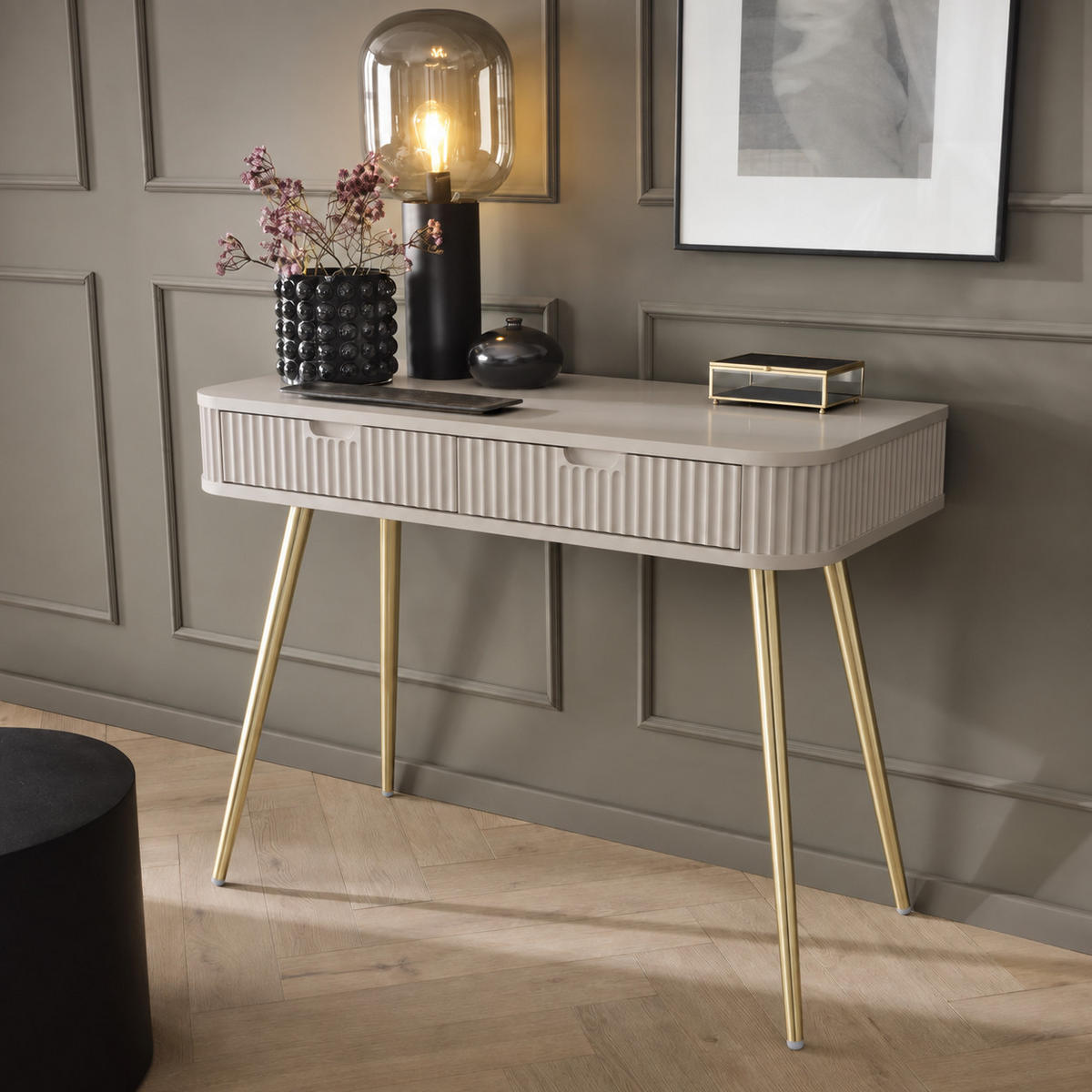 KONSOLENTISCH PORTO (Oval, Rillenfront, Cashmere Matt, Goldene Füße) - Kaschmir/Goldfarben, Holz/Holzwerkstoff (49/103/80cm) - Ravio