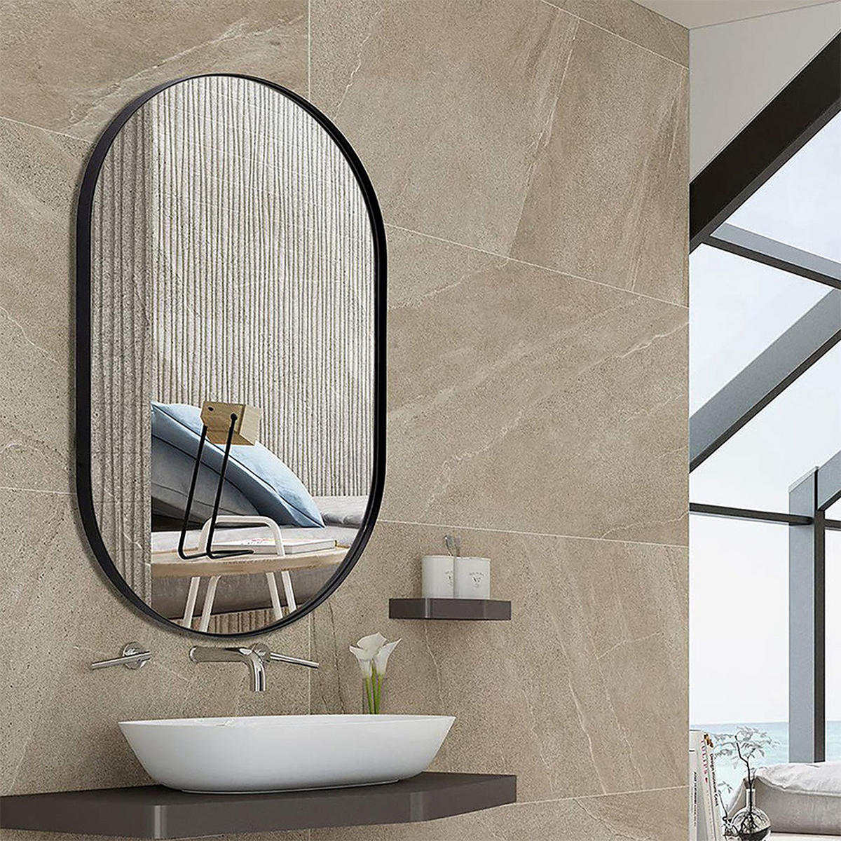 WANDSPIEGEL 40/70/2.8 cm Badezimmer Kapselform Metallrahmen Schwarz - Schwarz, Glas/Metall (40/2.8/70cm) - Livingandhome