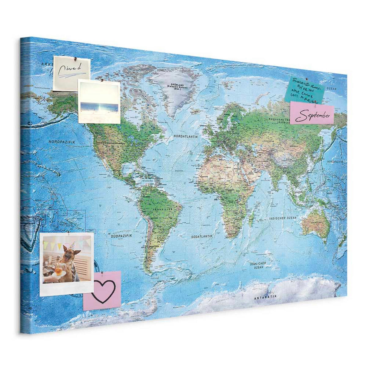 PINNWANDTAFEL 90/60 cm DEUTSCHE WELTKARTE zum Pinnen - Inklusive Pinnnadeln und Aufhängern - Dunkelblau, Holz (90/60cm) - artgeist