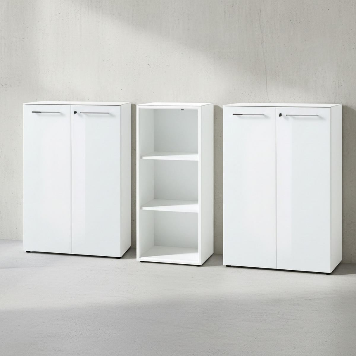 BÜRO-SET MUENCHEN 3-teilig Weiß | 2 Kommode x Regal | Glas Front & Abschließbar - Weiß, Holzwerkstoff/Metall (240/120/37cm) - KADIMA DESIGN