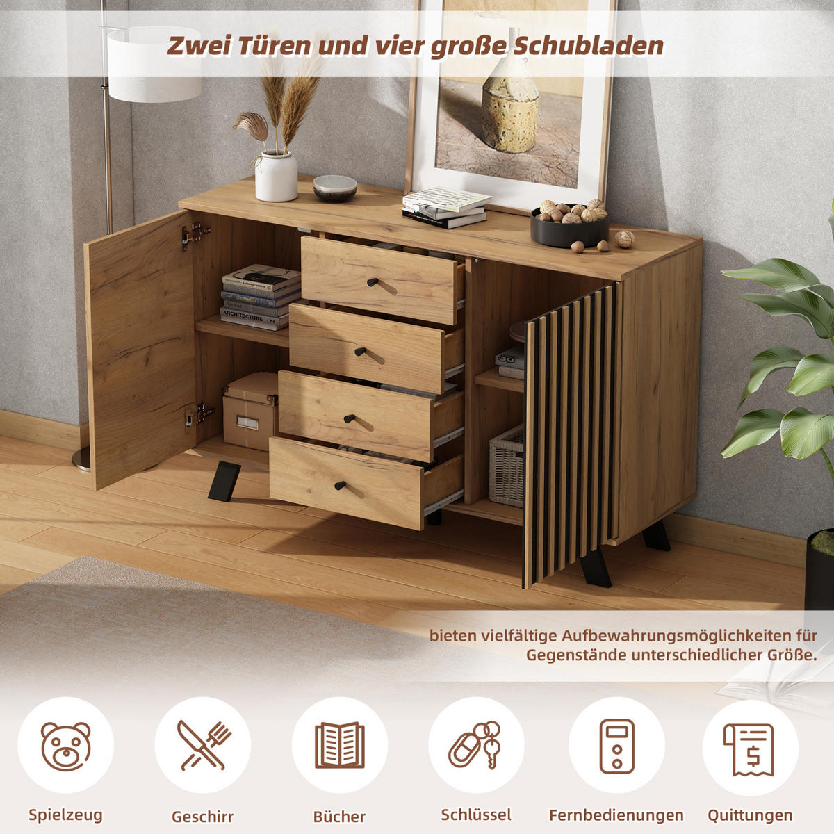 SIDEBOARD 120/38/75 cm Schwarz/Natur aus MDF mit 4 Schubladen und 2 Schränken - Schwarz, Holzwerkstoff (38/75/120cm) - OKMYHOME