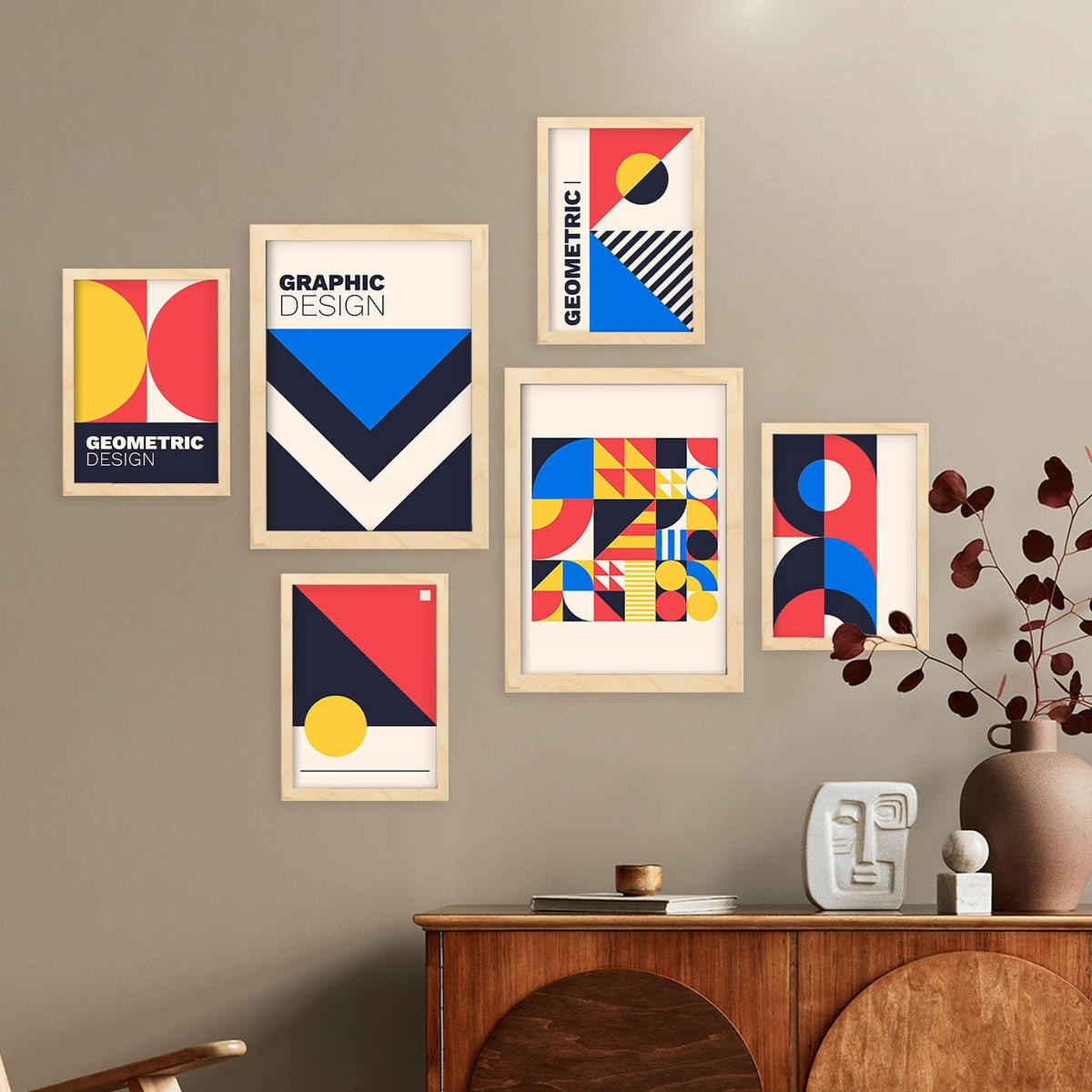 POSTER Set Mit 6 Drucken Im Bauhaus 1 Geometrische Designkollektion Drucke Mit Ästhetische Dekorative Für Zuhause A3 & A4 Rahmen Aus Hellem Holz - Beige, Papier (29/3cm) - Nacnic
