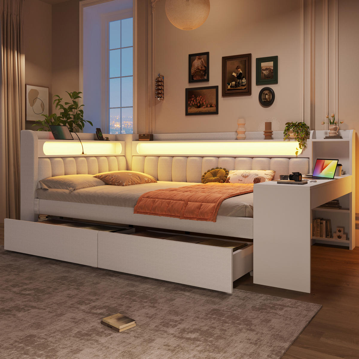 POLSTERBETT 140/200 cm mit LED-Beleuchtung, USB, Schreibtisch und 2 Schubladen, gepolstert, Weiß - Weiß, Holzwerkstoff (140/200cm) - Redom