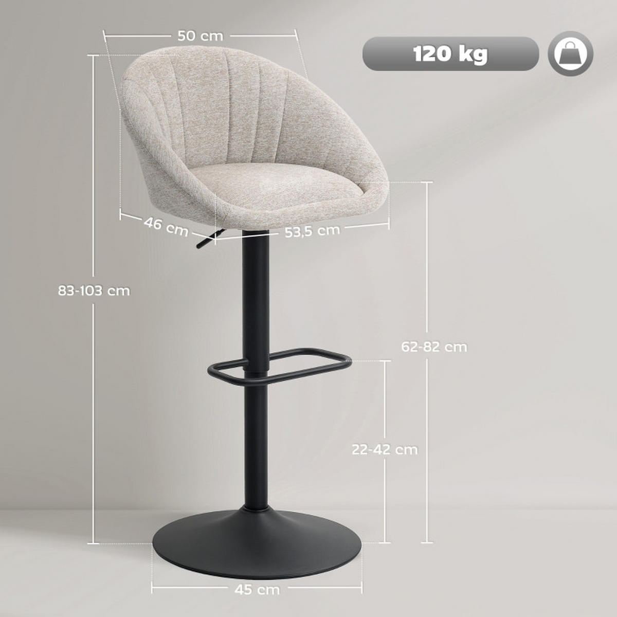 BARHOCKER DE-36068 2er Set drehbar höhenverstellbar Grau - Beige, Metall (46/103/53.5cm) - ComfortXL