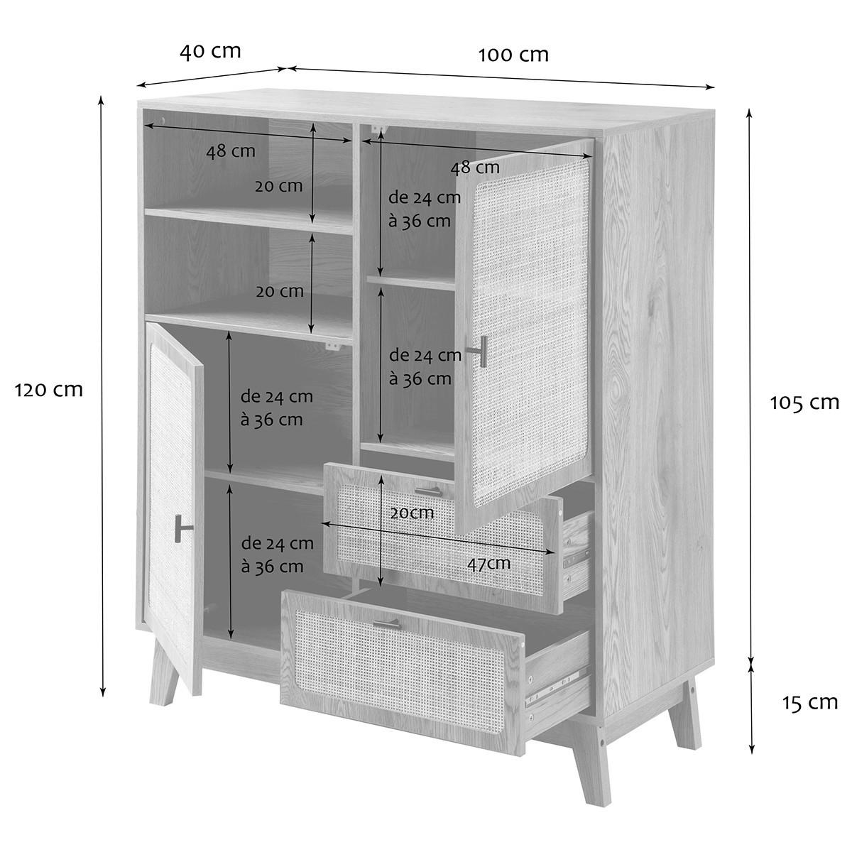 HOHES ANRICHTE 2 Türen 2 Schubladen mit Rattan-Fronten 40/120/100 cm - Apfelbaumfarben, Holzwerkstoff (40/120/100cm) - Calicosy
