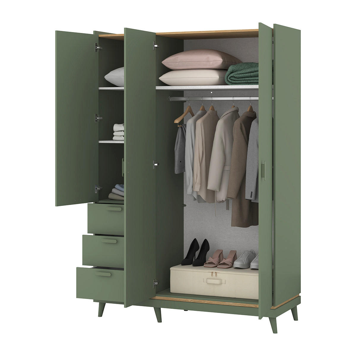 KLEIDERSCHRANK 3 Türen Sandy Grün - Grün, Holzwerkstoff (143.5/214.5/57.4cm) - Petits-meubles