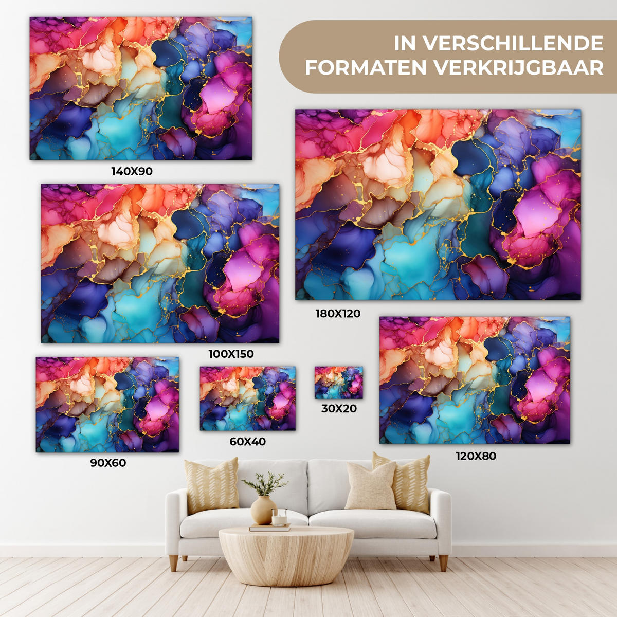 LEINWANDBILD Marmor - Bunt - Abstrakt Wohnzimmer Groß 120x80 cm - Multicolor, Textil (120/80cm) - MuchoWow