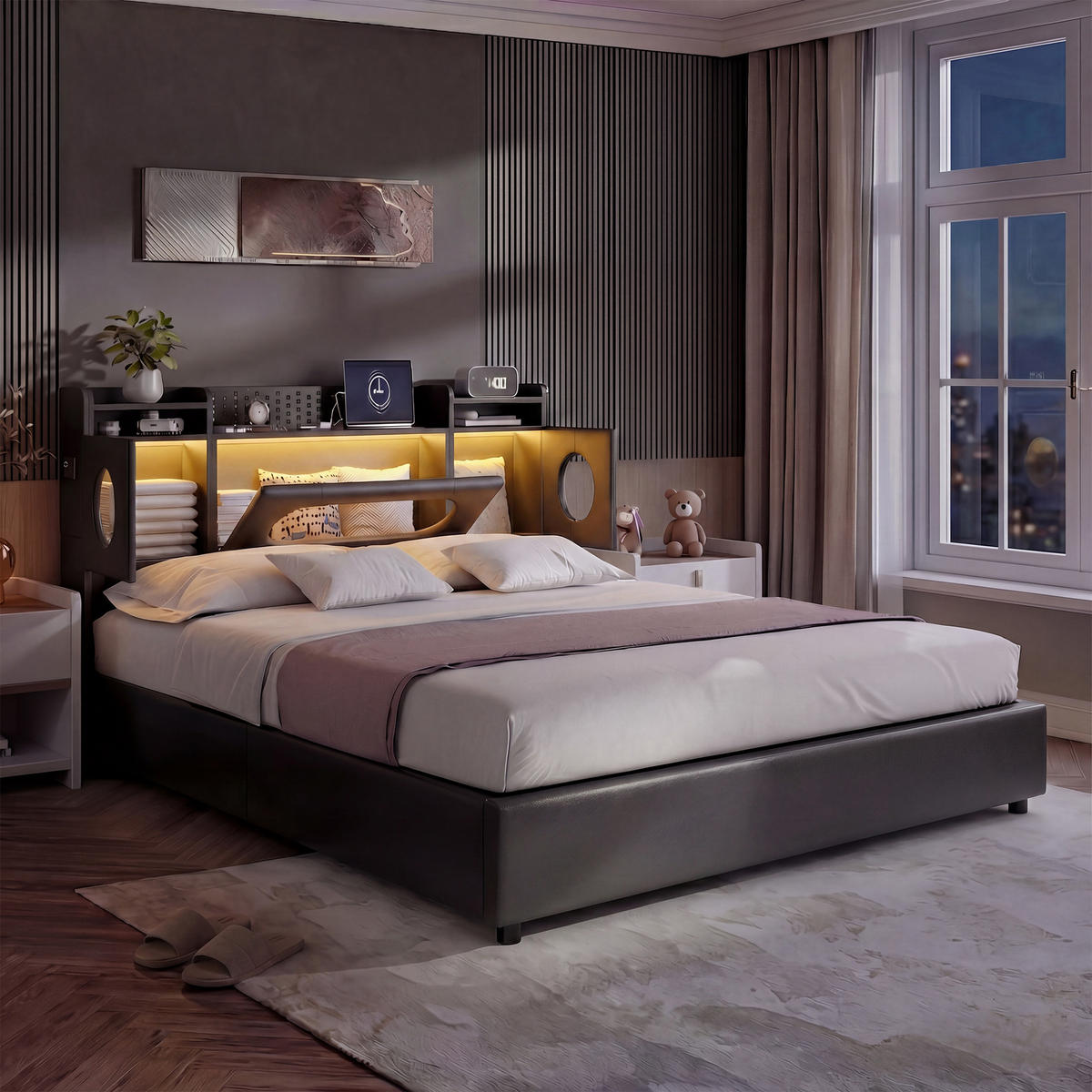 POLSTERBETT 140x200 cm Grau mit Kopfteil Stauraum und Ladefunktion, Bettgestell mit Lattenrost - Schwarz, Holz/Metall (140/200cm) - PARAFTA HOME