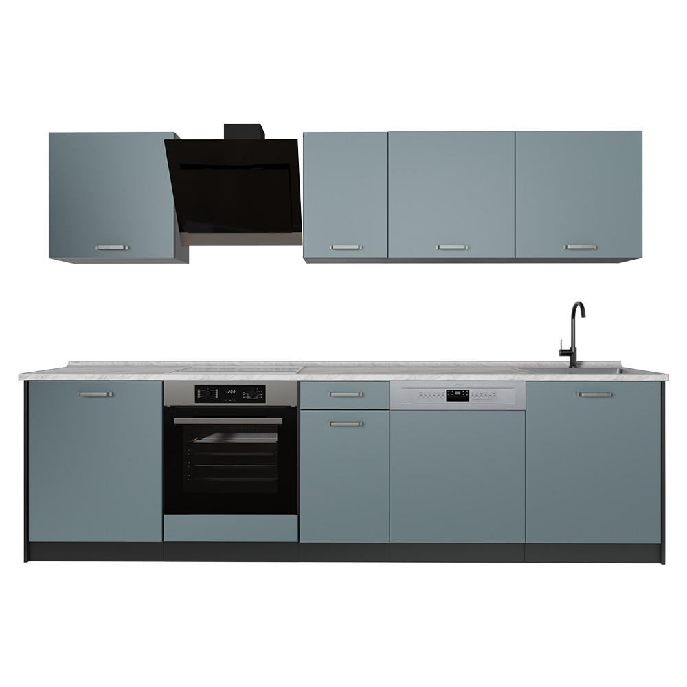 KÜCHENZEILE R-Line, Blau-Grau/Anthrazit, 280 cm ohne Arbeitsplatte - Anthrazit/Blaugrau, Holzwerkstoff (280/206.8/46cm) - Vicco