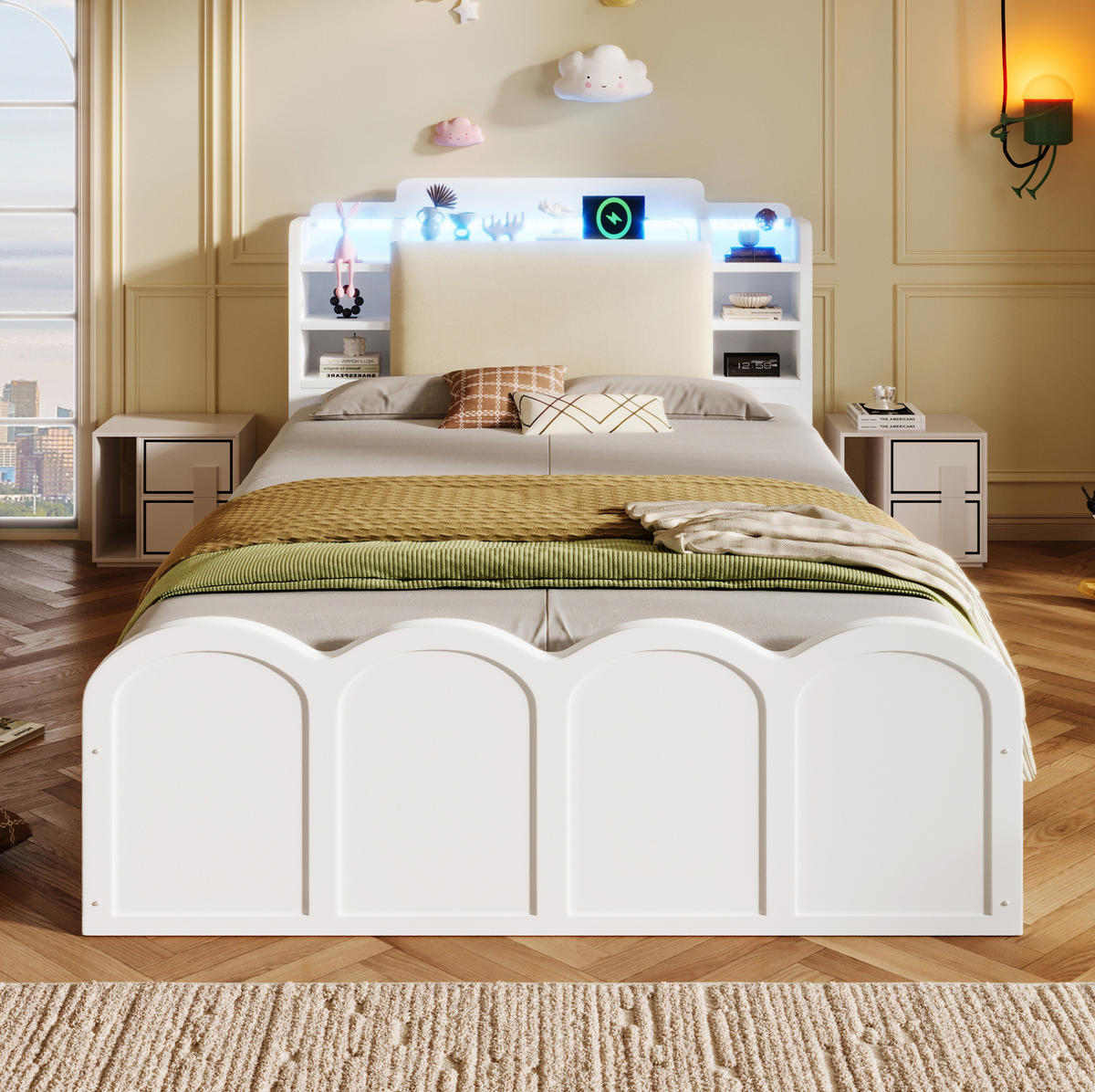 KINDERBETT 90/200 cm in Weiß mit Stauraum, LED und USB-C - Weiß, Holz (90/200cm) - BEAOK