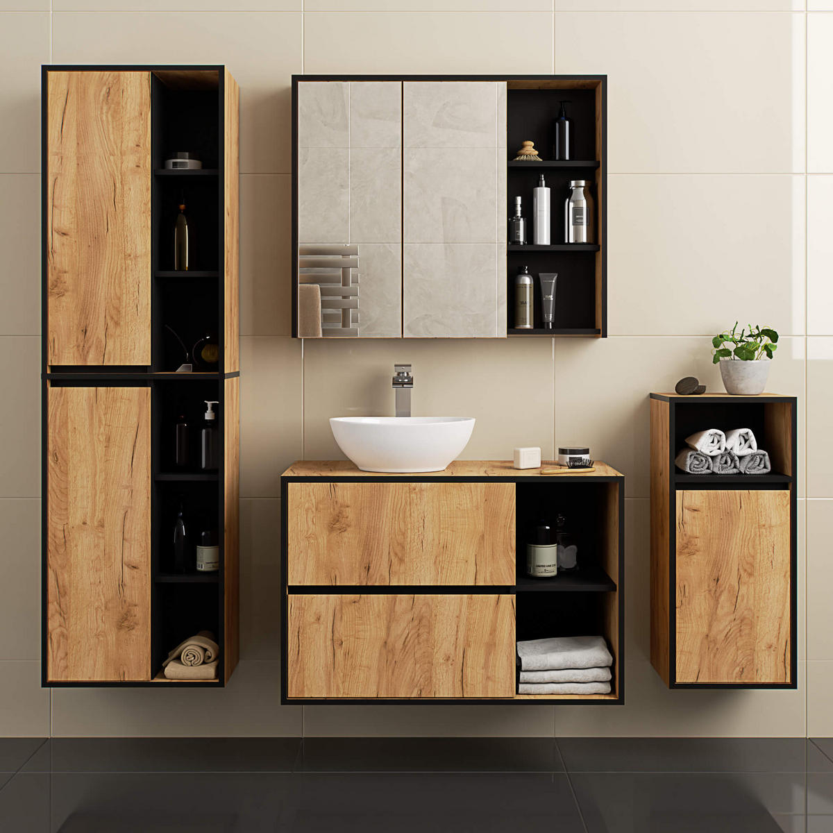 BAD HOCHSCHRANK Vami Craft-Eichenfarben, Schwarz - Eichefarben/Schwarz, Holzwerkstoff (50/170/30cm) - Akord
