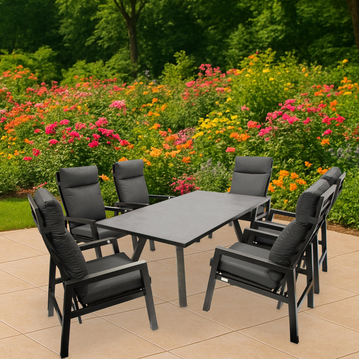 GARTENGARNITUR Luton - 7-teilig (6x Hochlehner Sessel mit Armlehnen, 1x Tisch 180x90cm), Gestell Aluminium dunkelgrau - Grau, Metall - TPFGarden