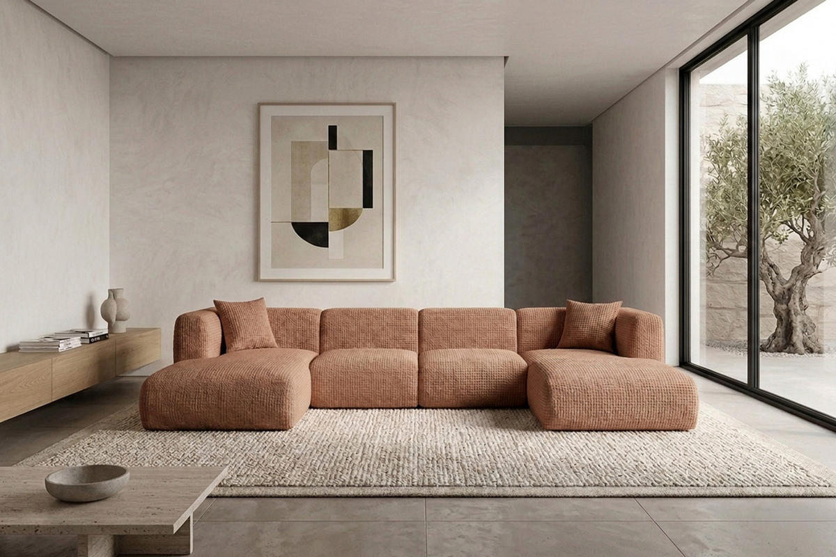 ECKSOFA U-Form, Chenille-Stoff Cremona, Hellbraun, GRETA - Hellbraun, Holz (408/70/179cm) - Kaiser Möbel