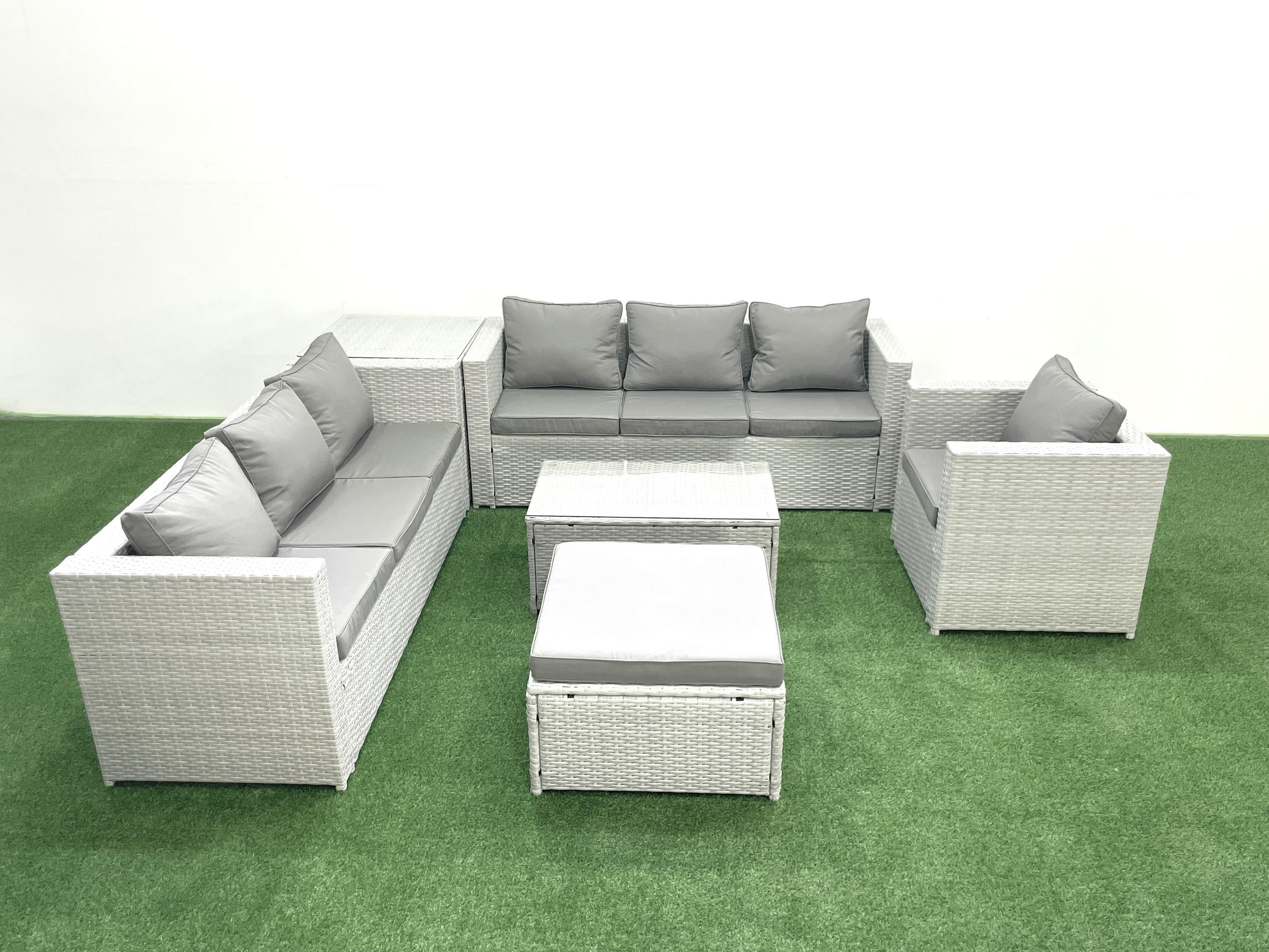 GARTENGARNITUR mit 3-SITZER SOFA,COUCHTISCH Polyrattan Hellgrau-Mix 8-Sitzer - Hellgrau/Grau, Glas/Kunststoff - Fimous