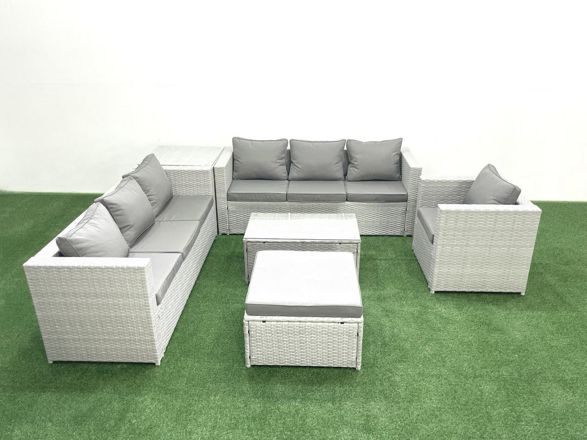 GARTENGARNITUR mit 3-SITZER SOFA,COUCHTISCH Polyrattan Hellgrau-Mix 8-Sitzer - Hellgrau/Grau, Glas/Kunststoff - Fimous