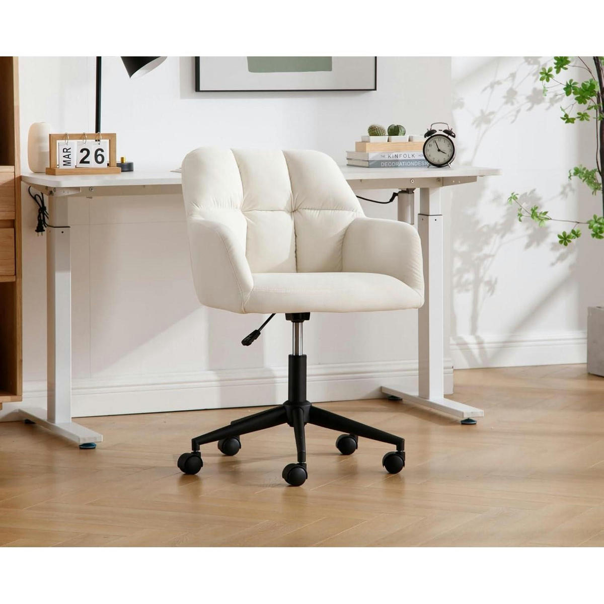 SCHREIBTISCHSTUHL Samt Beige mit Rollen - Creme, Textil (59/89/59cm)