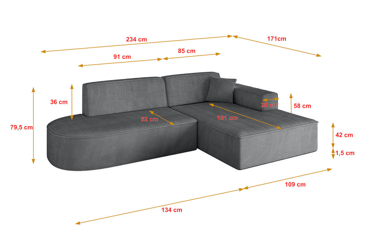 ECKSOFA Ottomane Rechts IREA-L1-v4 - 234x171x79 cm Duneklgrau - Dunkelgrau, Holzwerkstoff/Textil (171/234cm) - ALTDECOR