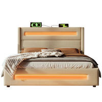 POLSTER DOPPELBETT 140x200cm Jugendbett mit LED USB-C & Hydraulik Beige - Beige, Holz (140/200cm) - FLIEKS