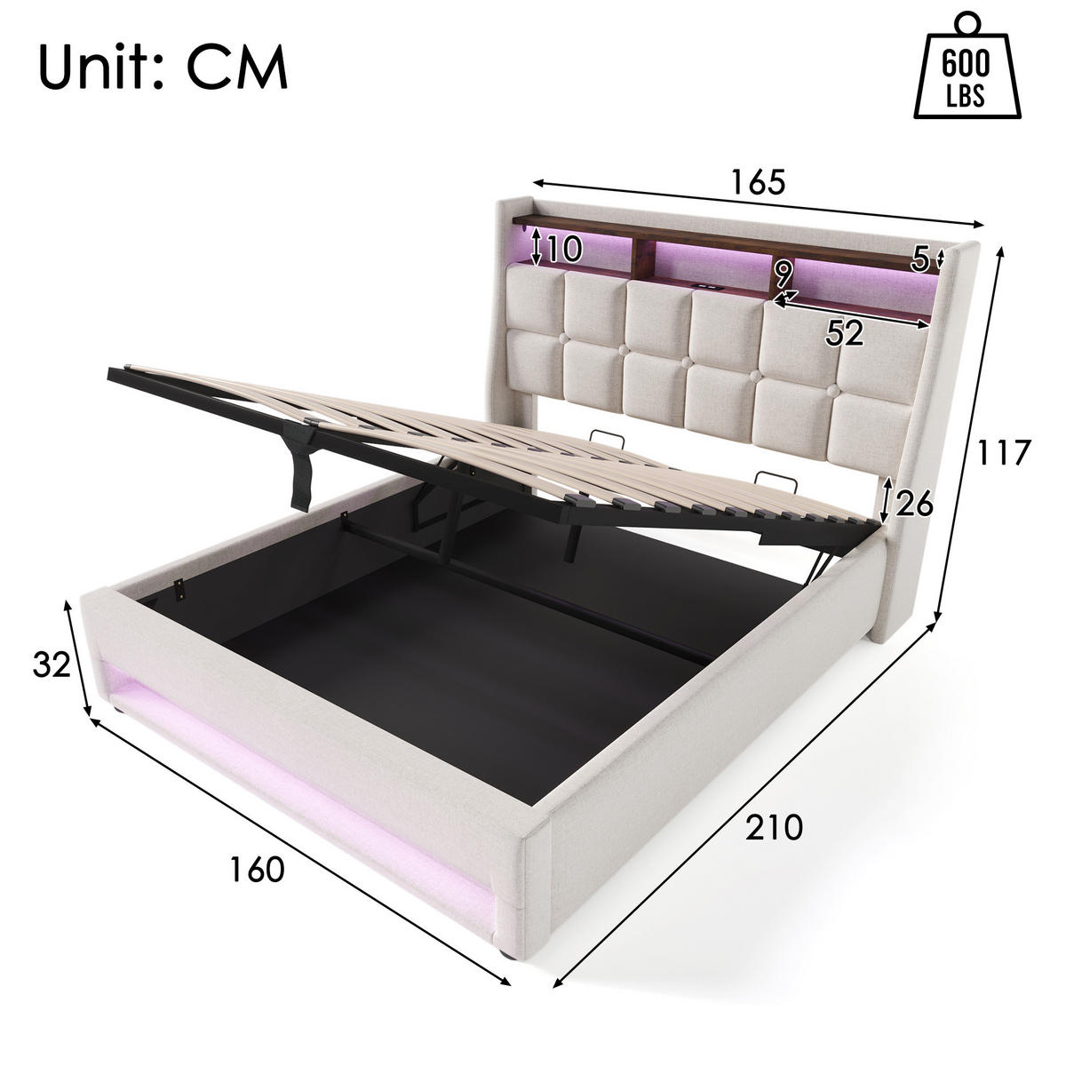 POLSTERBETT mit Stauraum, USB und LED 160x200 cm Leinen Beige - Beige, Metall (160/200cm) - Meubliv