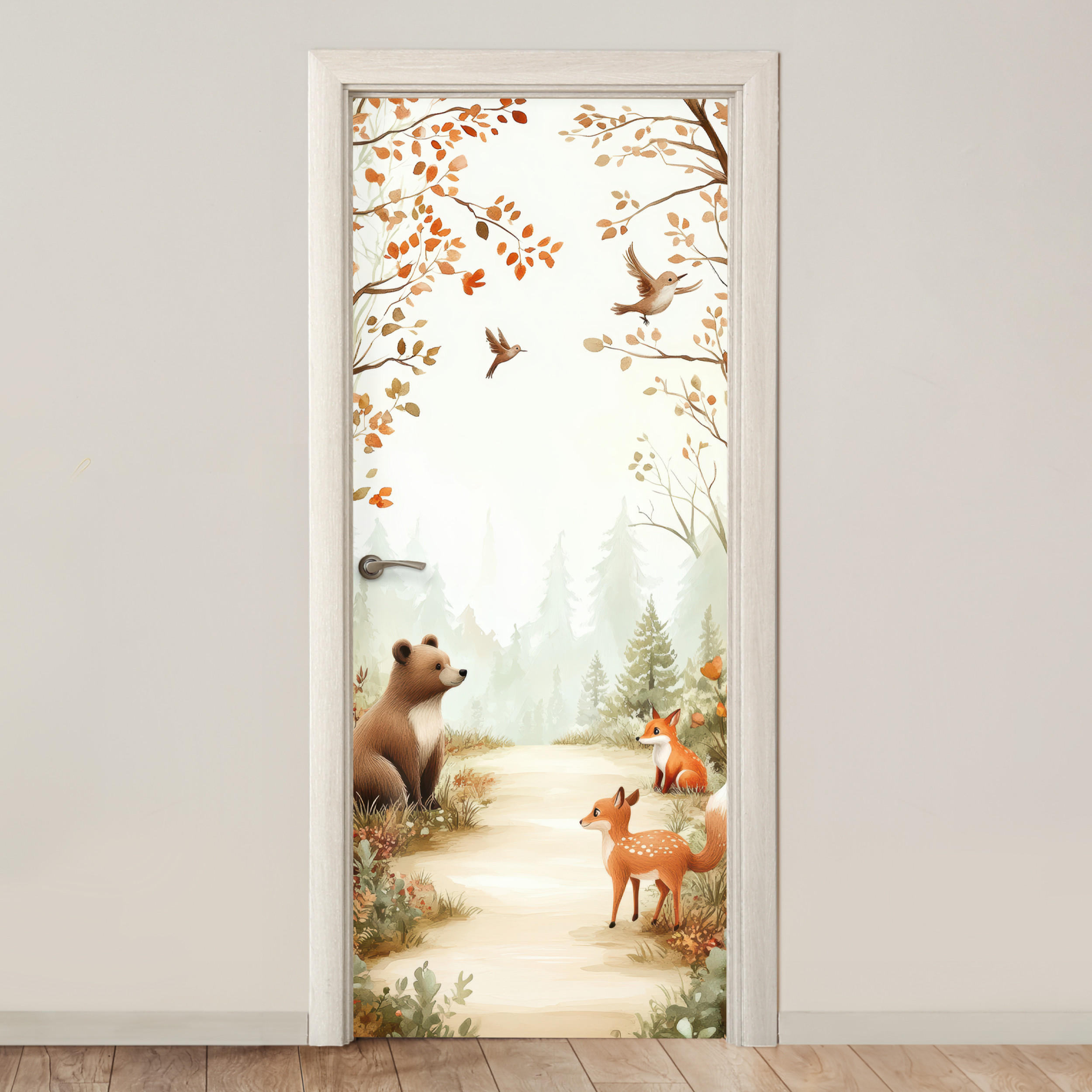 TÜRAUFKLEBER Selbstklebend - Wald - Herbst - Waldtiere - Bär - Fuchs 95x235 cm - Türtapete - Kastanienfarben, Kunststoff (95/0.1cm) - MuchoWow