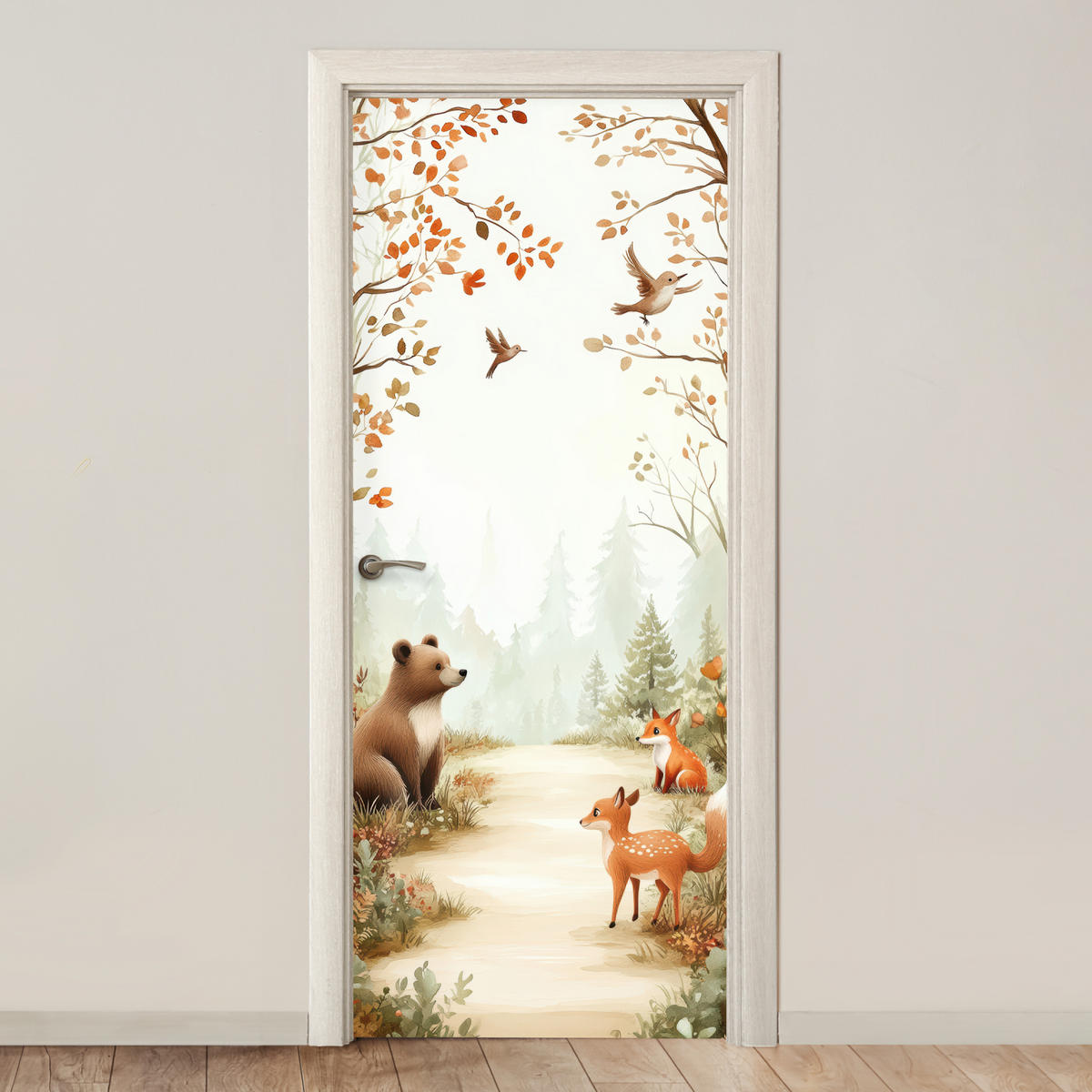 FOTOTAPETE Tür - Wald - Herbst - Waldtiere - Bär - Fuchs 95x215 cm - Kastanienfarben, Kunststoff (95/0.1cm) - MuchoWow