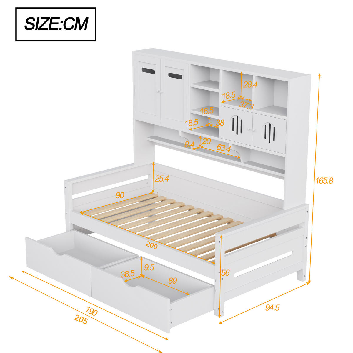 STAURAUMBETT 90/200 cm DE-01412, in Weiß, mit 2 Schubladen und Staufächern - Weiß, Holz (90/200cm) - ComfortXL