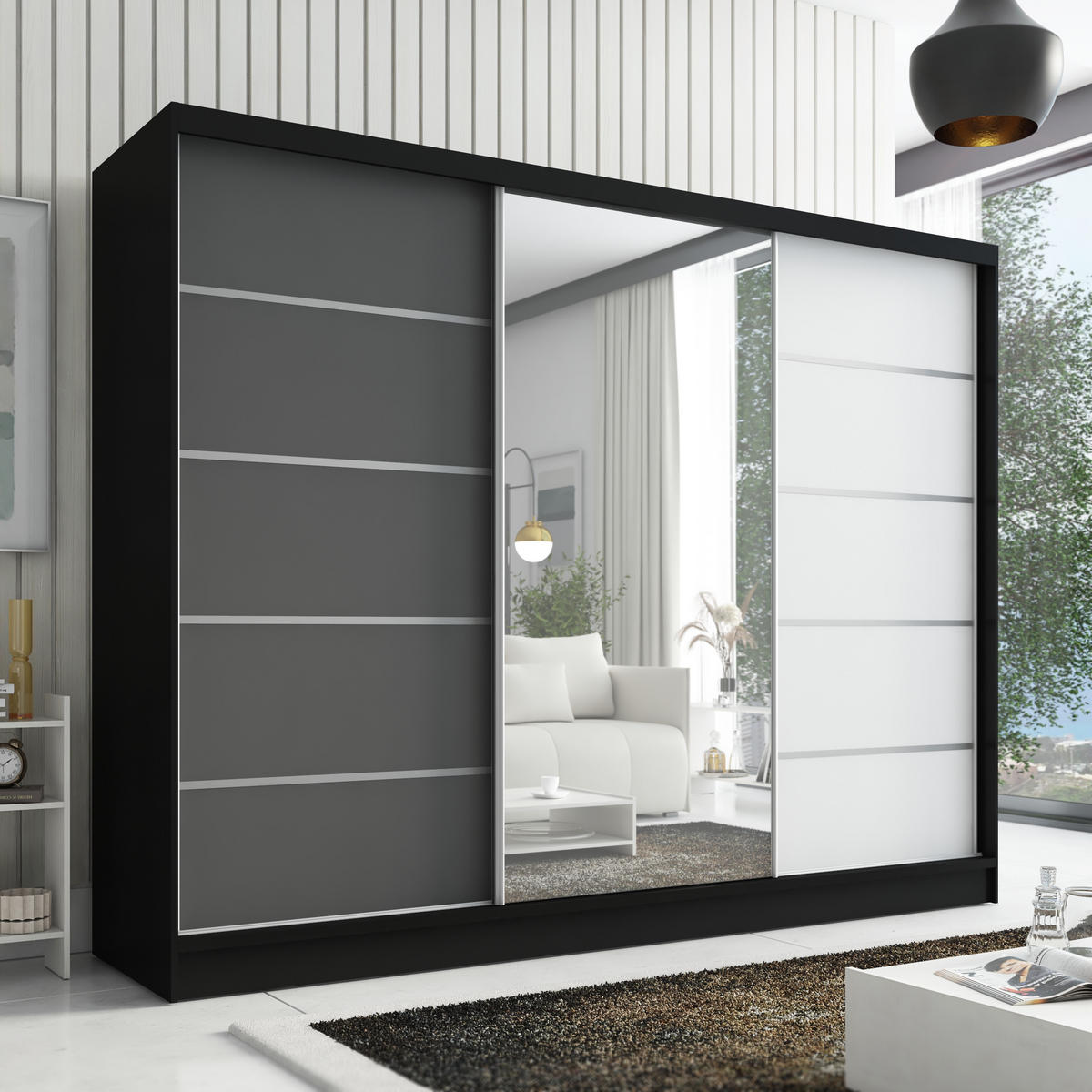 SCHWEBETÜRENSCHRANK 200 cm AURELIA 1 Farbe: Schwarz, Graphit, Weiß - Schwarz/Graphitfarben, Holzwerkstoff (200/215/60cm) - A&J MöbelLand