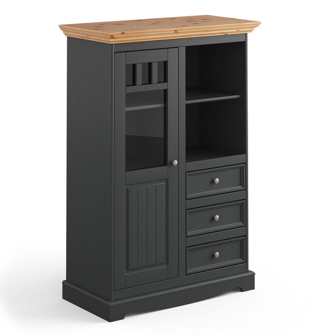 VITRINE Belluno Elegante Kiefer Natur gebeizt / basaltgrau (RAL7012) lackiert 89 / 44 / 130cm - Grau/Kieferfarben, Holz/Metall (89/130/44cm) - Feldmann-Wohnen