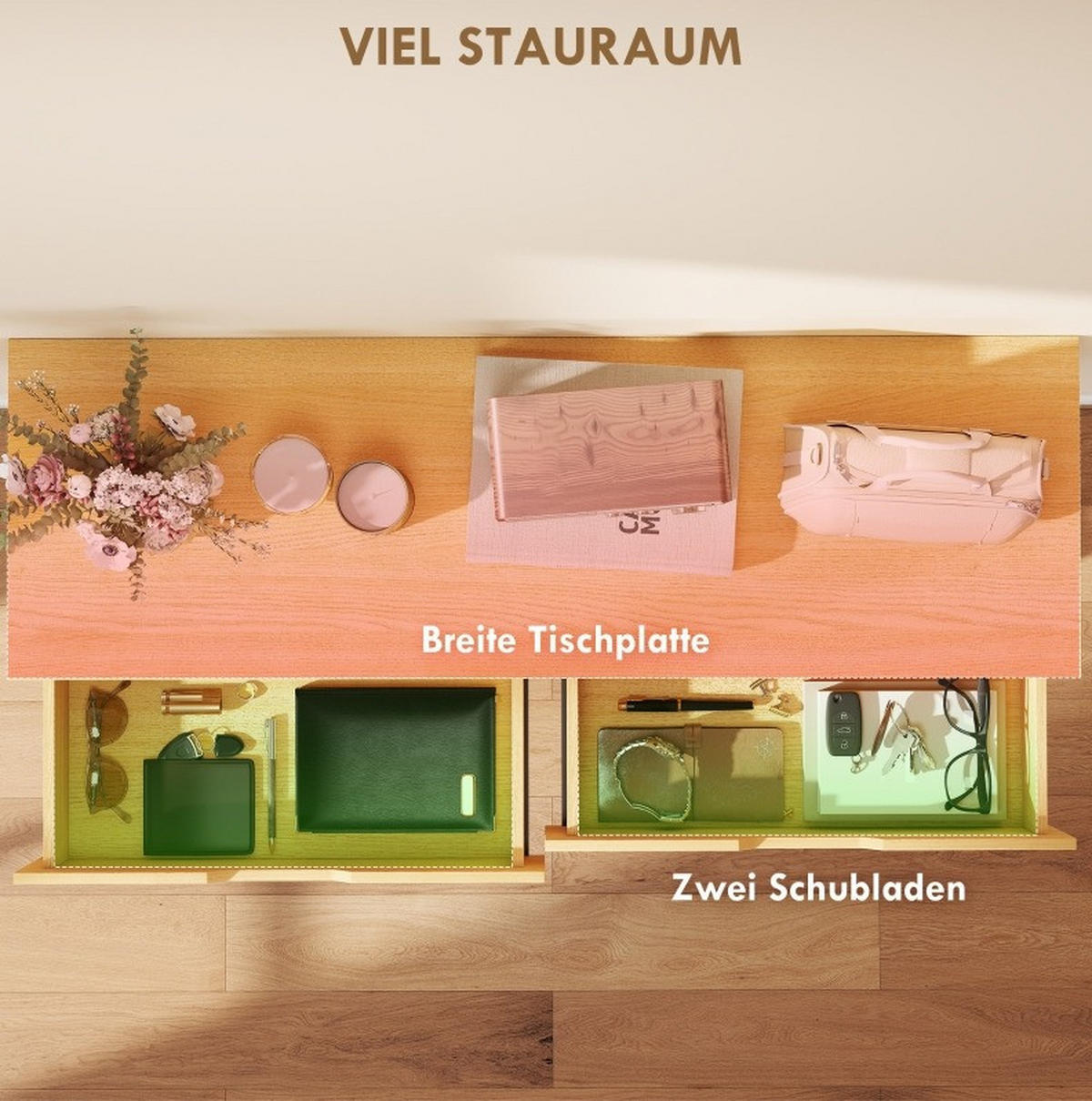 KONSOLENTISCH aus Holz und Metall 110x35x76,5 cm Natur mit 2 Schubladen und Metallrahmen - Naturfarben, Holz (35/110/76.5cm) - Modfu