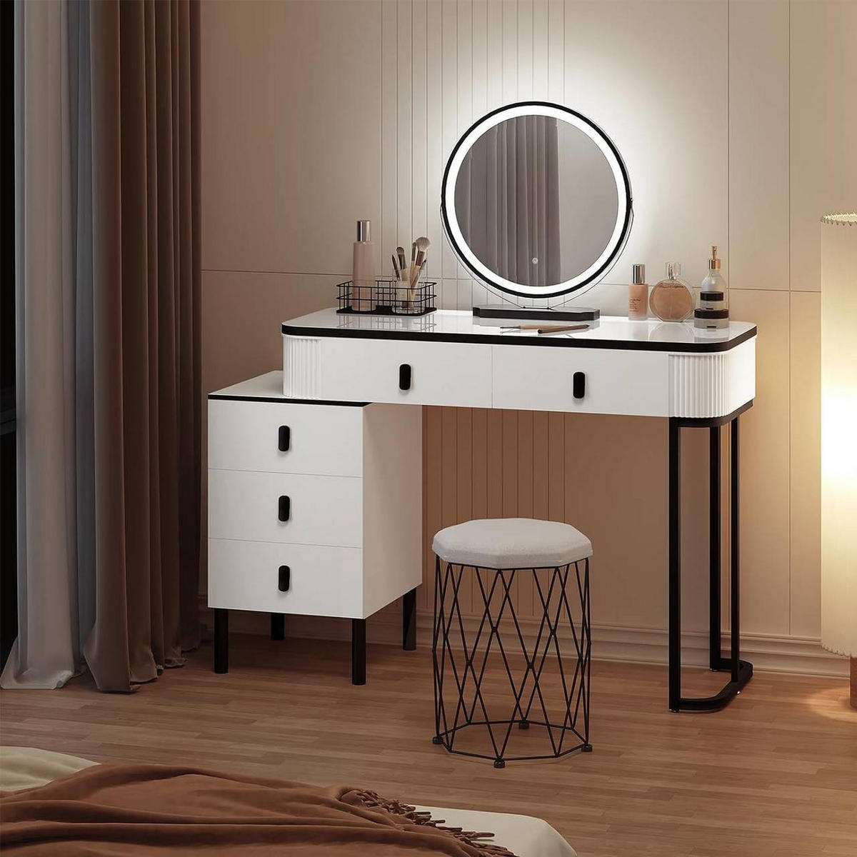 SCHMINKTISCH mit Hocker, Spiegel mit LED, Weiß + Schwarz - Schwarz/Weiß, Glas/Holz (100/126/40cm) - Woltu