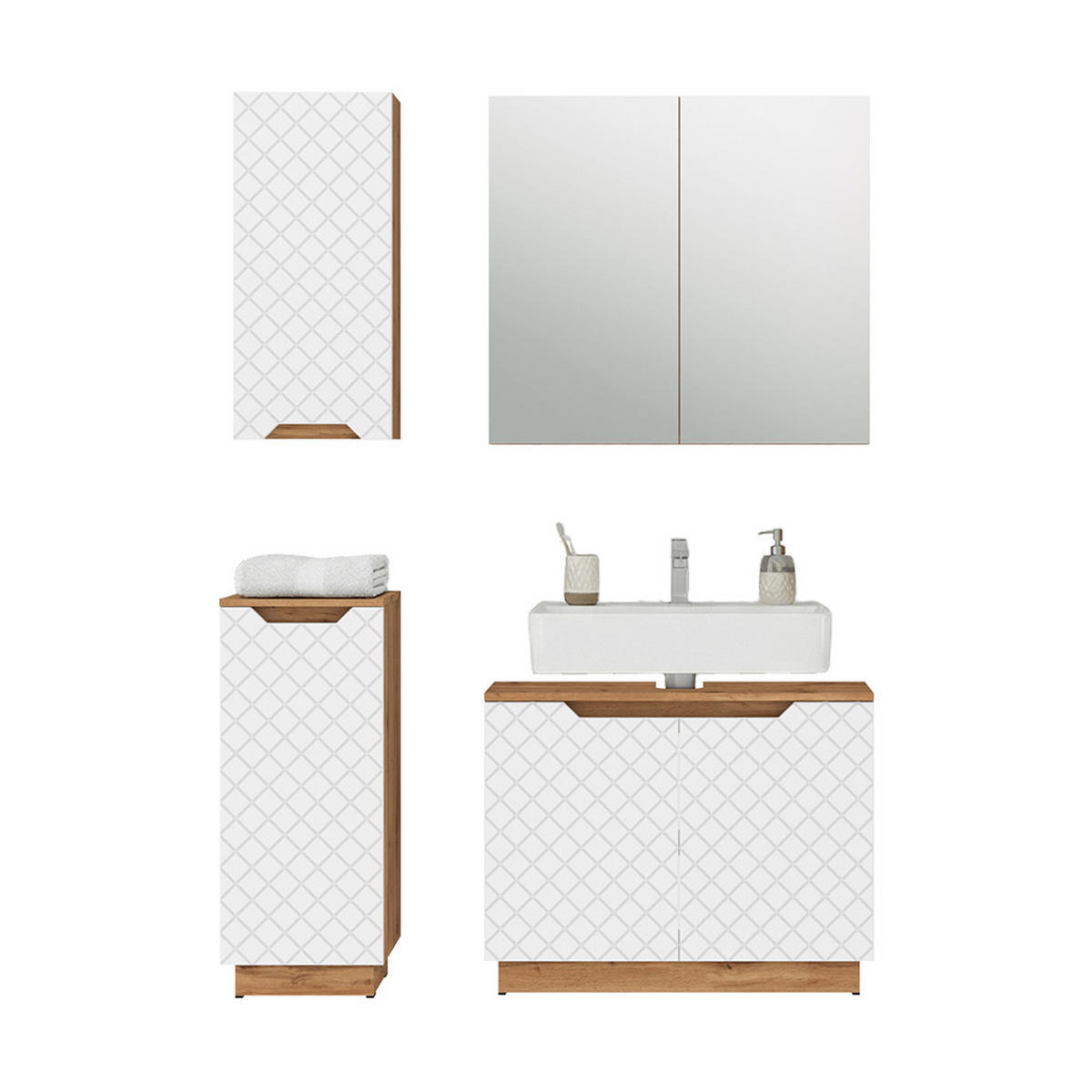 BADMÖBEL-SET Lotta Eiche/Weiß mit Kachelstruktur 4 Teile - Eichefarben/Weiß, Holzwerkstoff (79.6/62.1/32cm) - Vicco