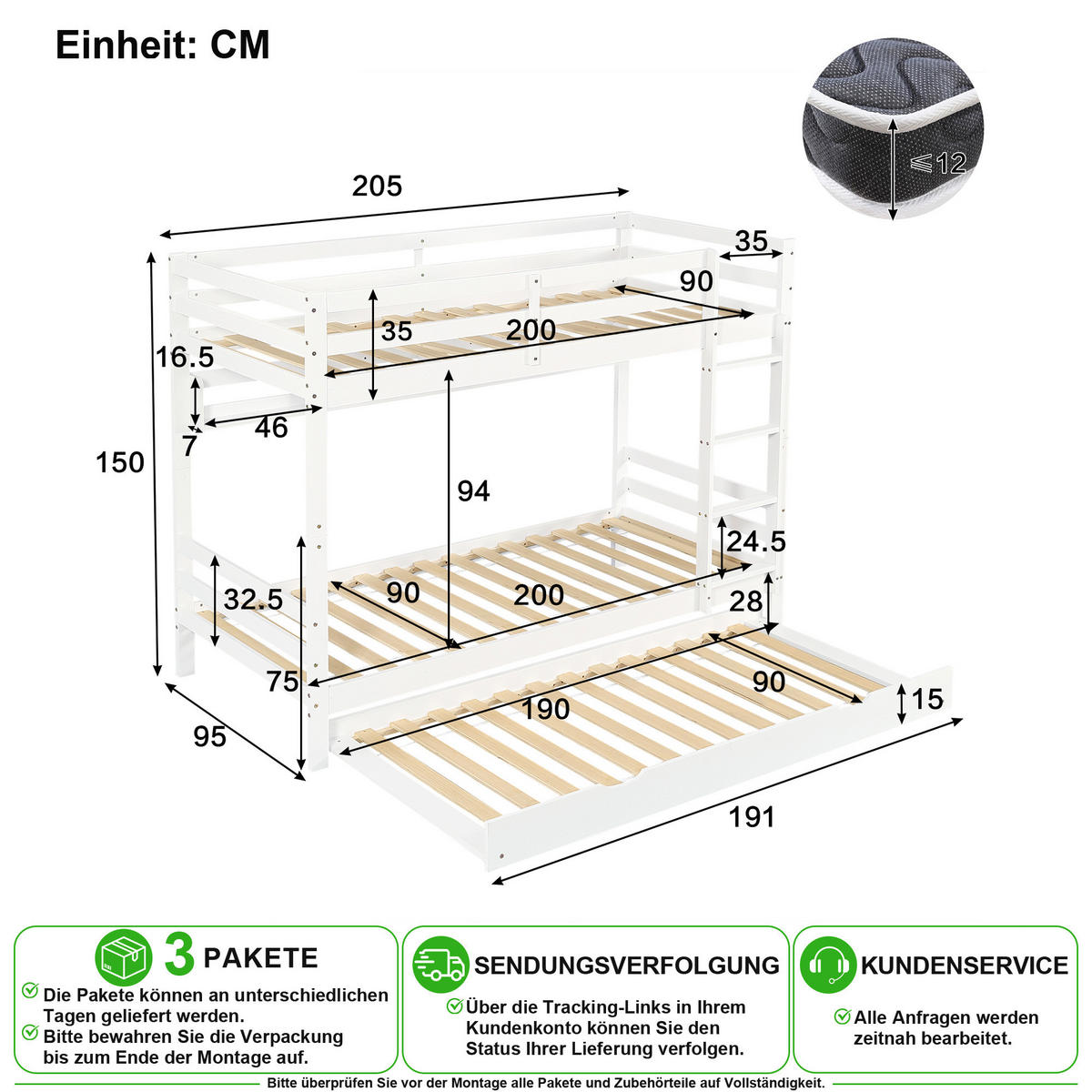 ETAGENBETT 90/200 cm & 90/200 cm in Weiß mit Ausziehbett, Regal und Leiter - Weiß, Holz/Holzwerkstoff (90/200cm) - CHICFURN